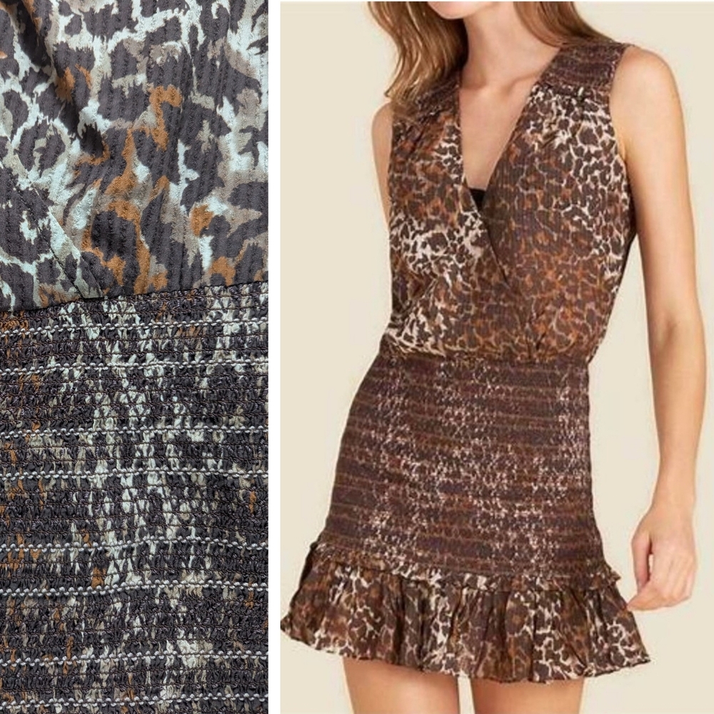 Veronica Beard Cox Leopard print smocked waist mini dress animal print